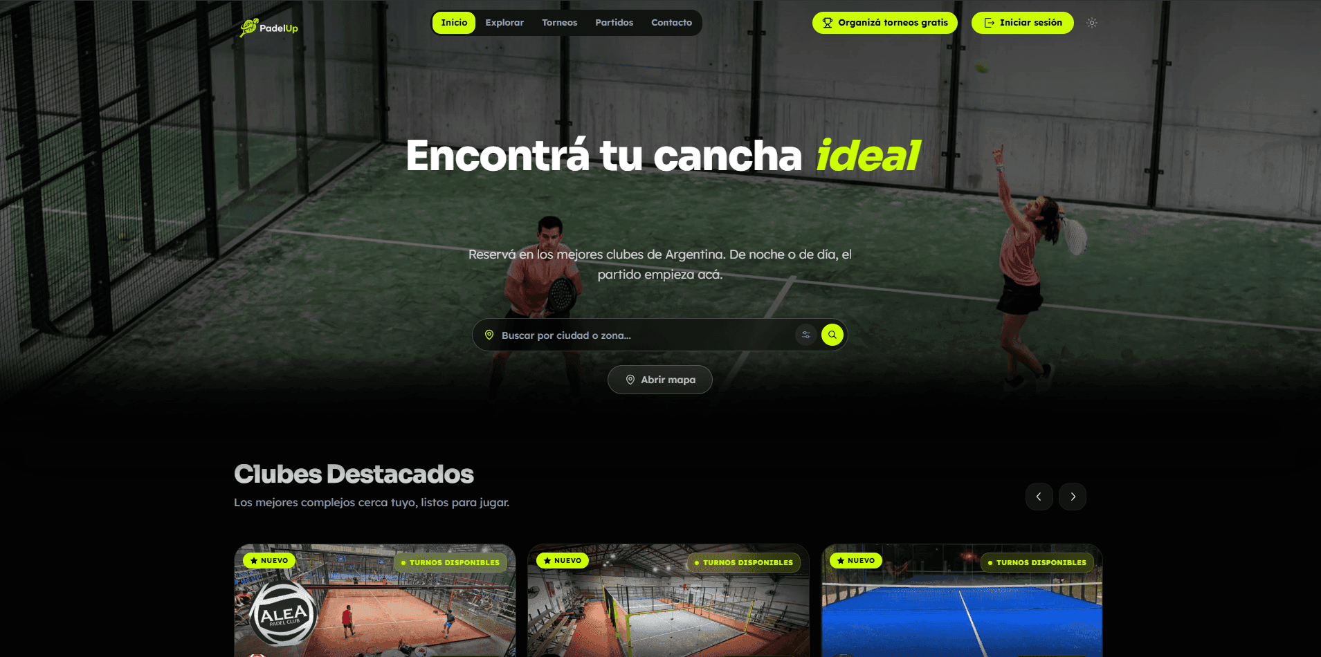 Home de la plataforma PadelUp